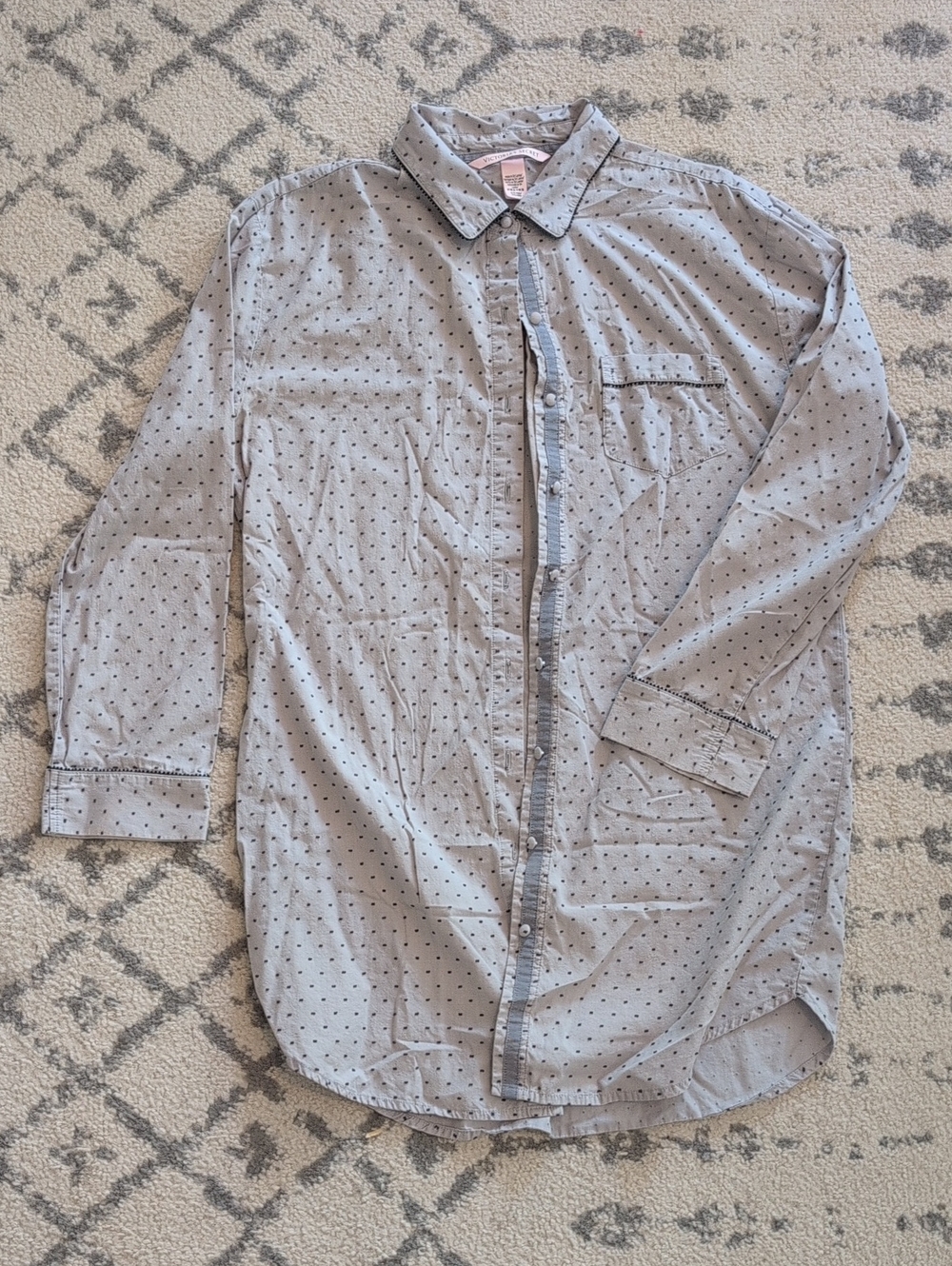 Victoria's Secret Light Gray Button-Down Shirt with Navy Dot Pattern